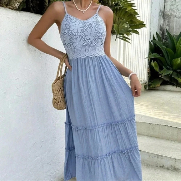 Blue Boho Womens Lace Patchwork Backless Drawstring Cami Dress - Picture 1 of 5